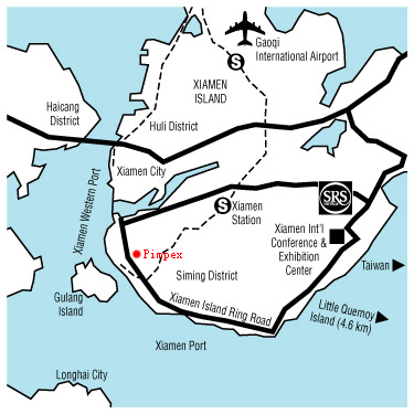 Pimpex Plastic, China is flashing in Xiamen city map.